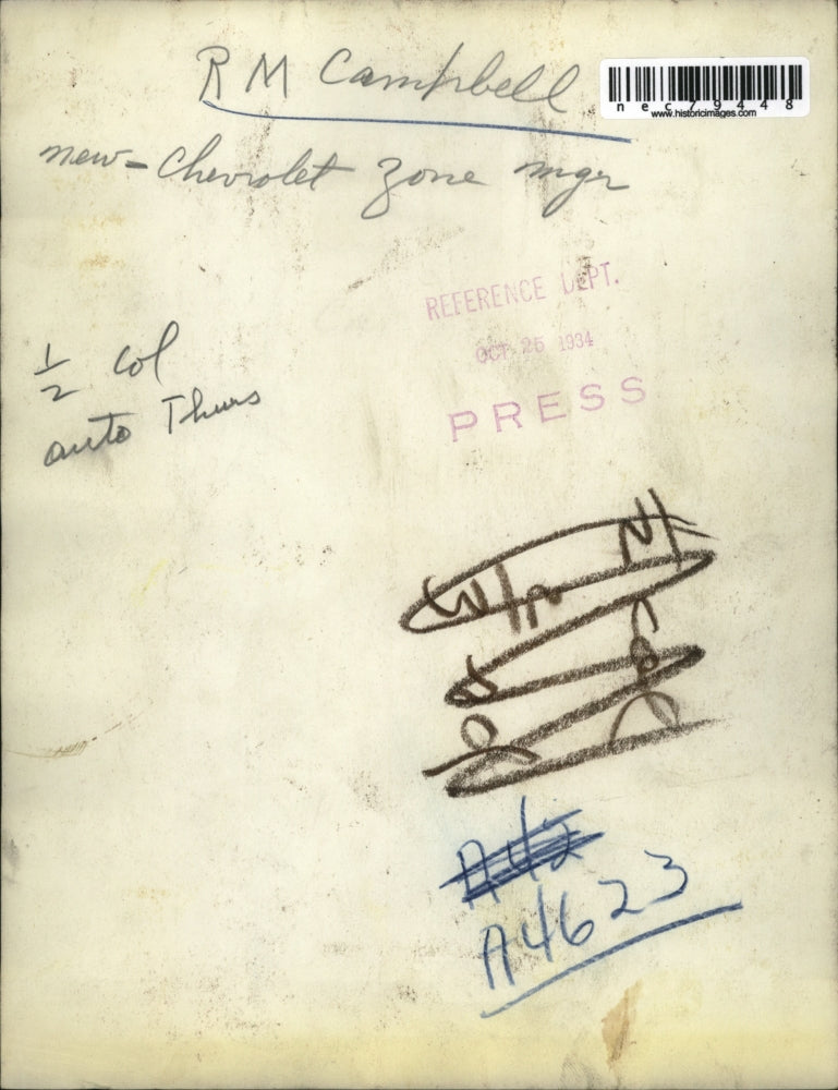 1934 Press Photo RM Campbell new Chevrolet zoine manager