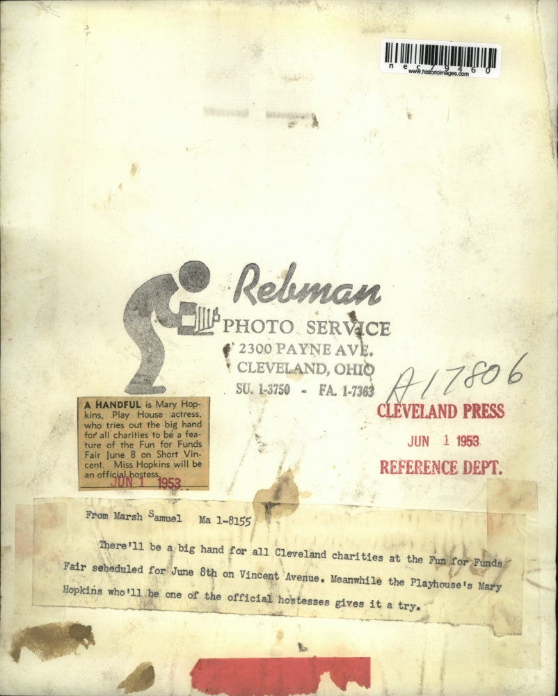 1953 Press Photo Mary Hopkins Play House actress