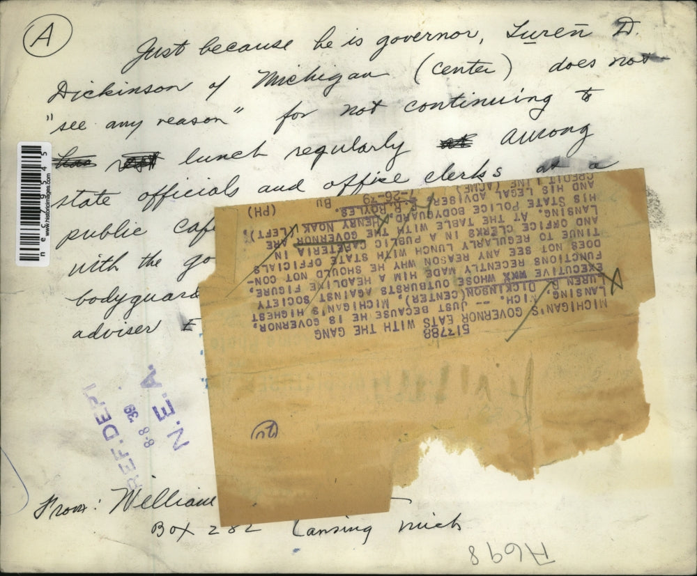 1939 Press Photo Michigan Gov. Luren Dickinson eats with the gang