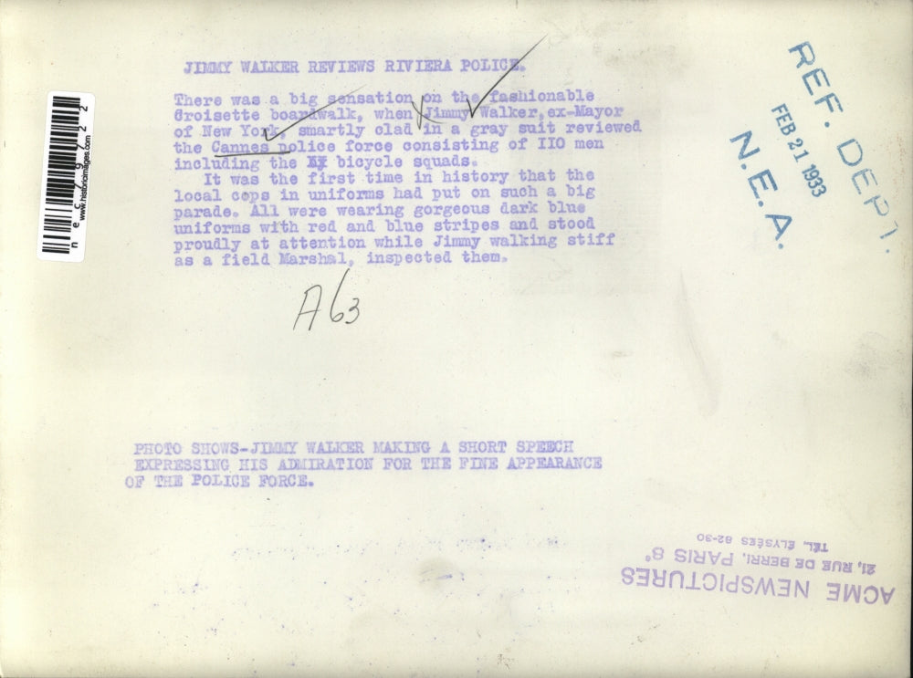 1933 Press Photo Jimmy Walker speaking to the Riviera Police force