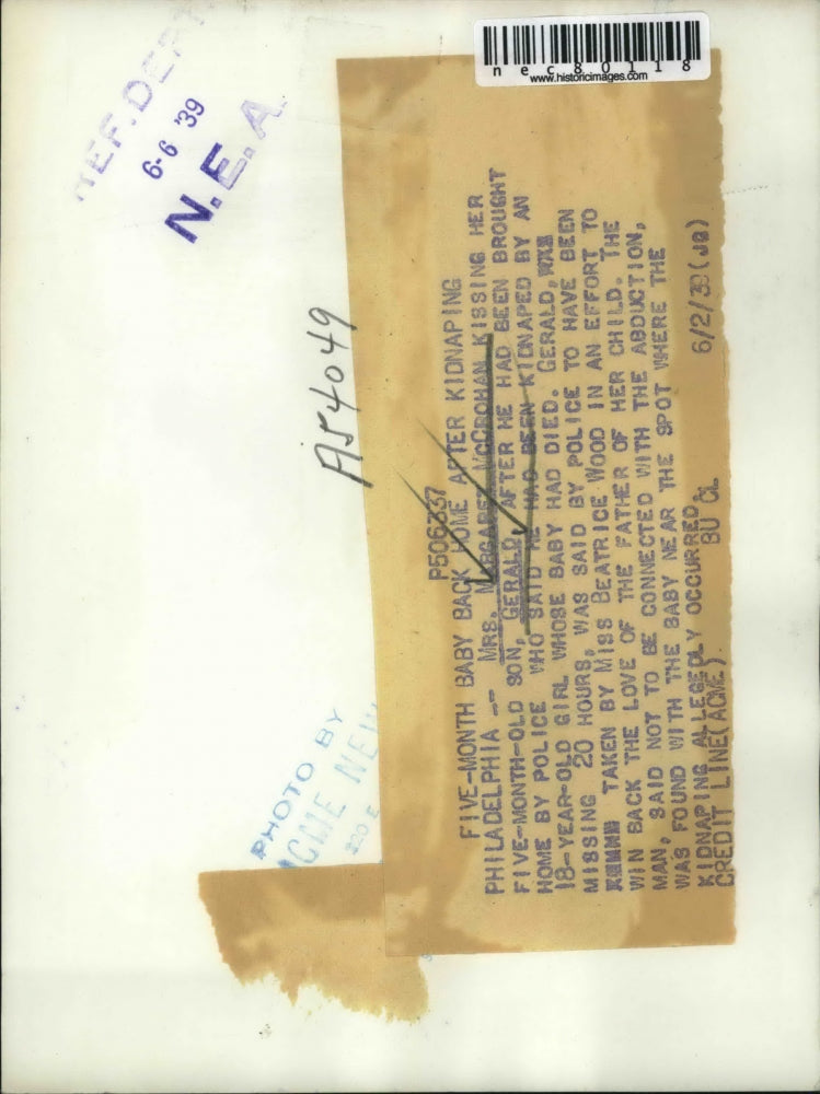 1939 Press Photo Phila, Pa Mrs Margaret McCrohan & kidnapped baby returned