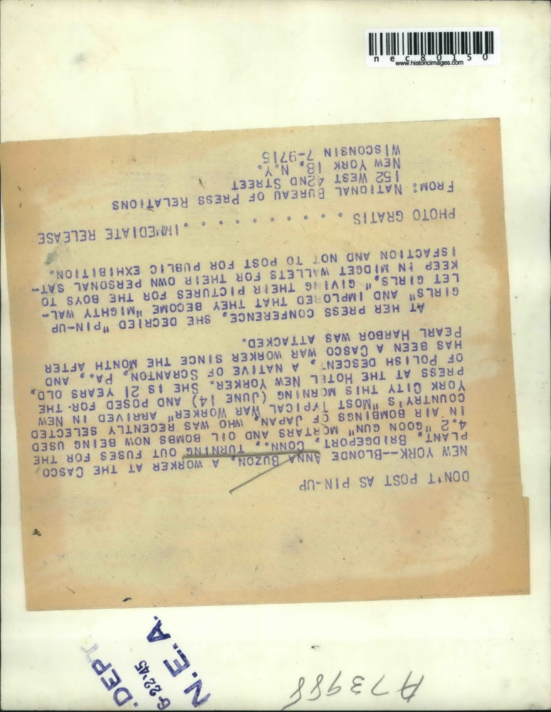 1945 Press Photo NYC War worker Anna Buzon names Typical War Worker