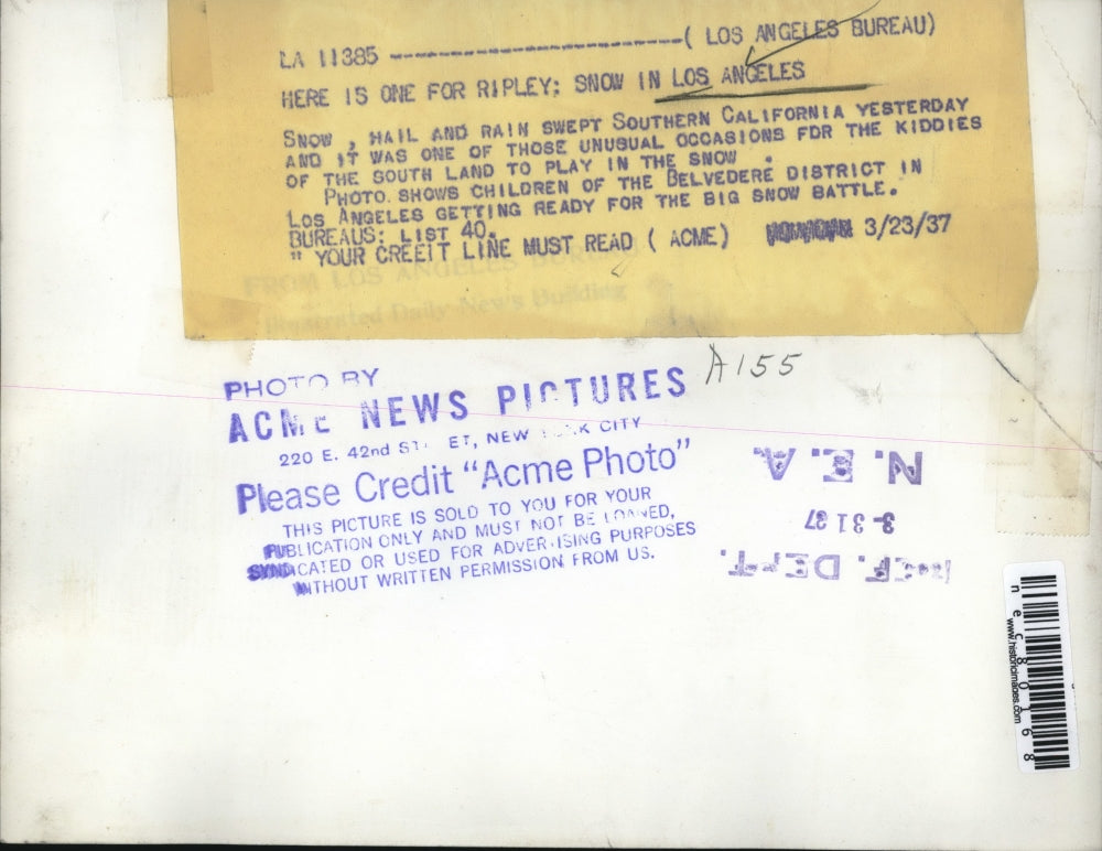 1937 Press Photo Los Angeles Children of Belvedere District snow battle