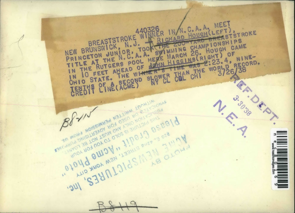 1938 Press Photo Richard Hough, John Higgins Breastroke winner N.C.A.A.