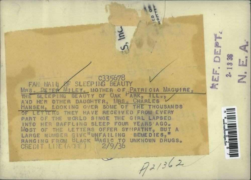 1936 Press Photo Mother of Sleeping Beauty, Patricia Maguire looks over mail