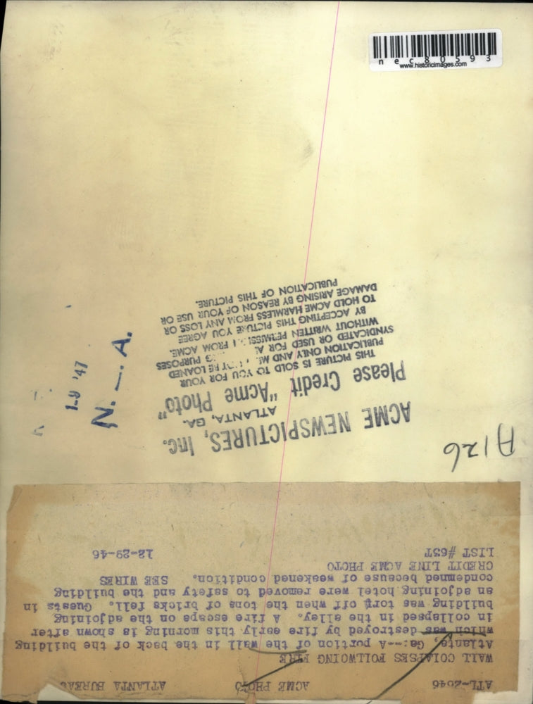 1946 Press Photo Wall collapses following fire at Atlanta , Ga.