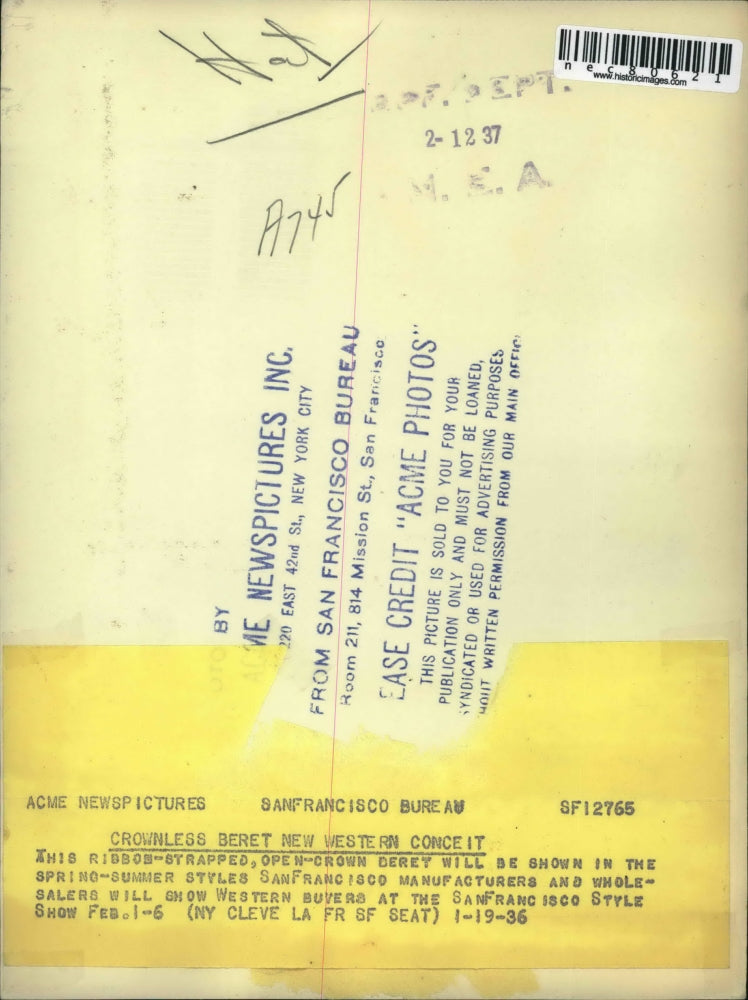 1936 Press Photo Model Wears Crownless Beret New Western Conceit