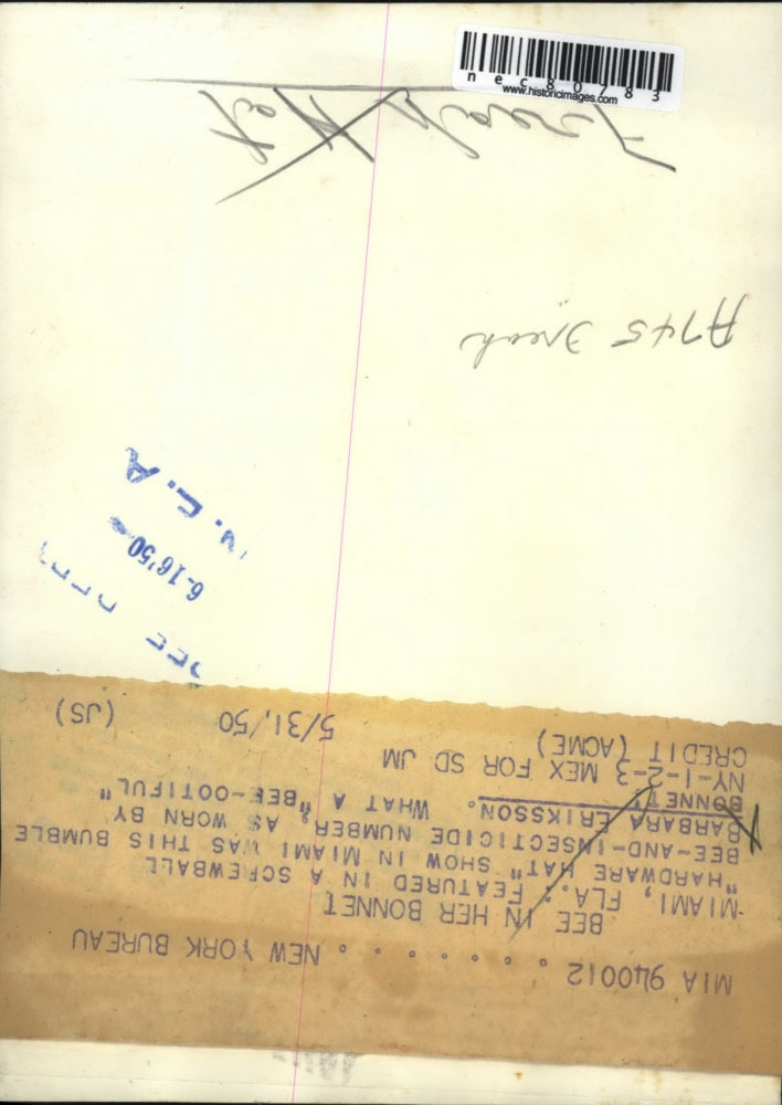 1950 Press Photo Miami,Fla Barbara Eriksson wears Bumblebee & Insecticide Bonnet