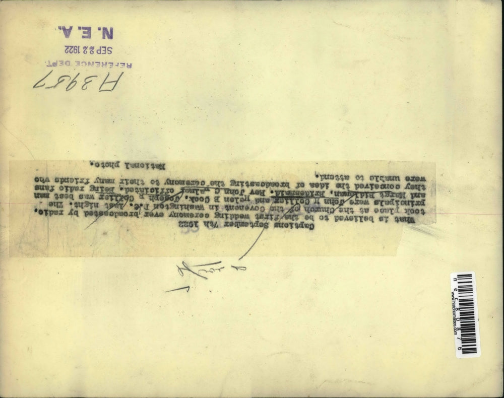 1922 Press Photo first wedding ever broadcast Church of the Covenent Washington