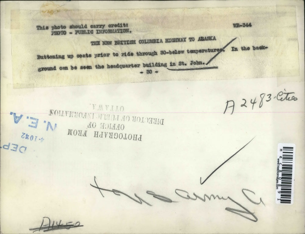 1942 Press Photo Men Button Up Coats Before Ride On New British Columbia Highway