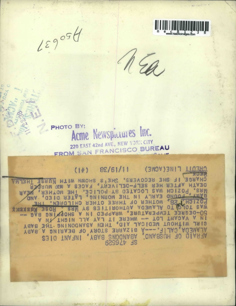 1938 Press Photo Alameda, Cal Nurse T Beck & Mrs Rose Pozich abandoned baby