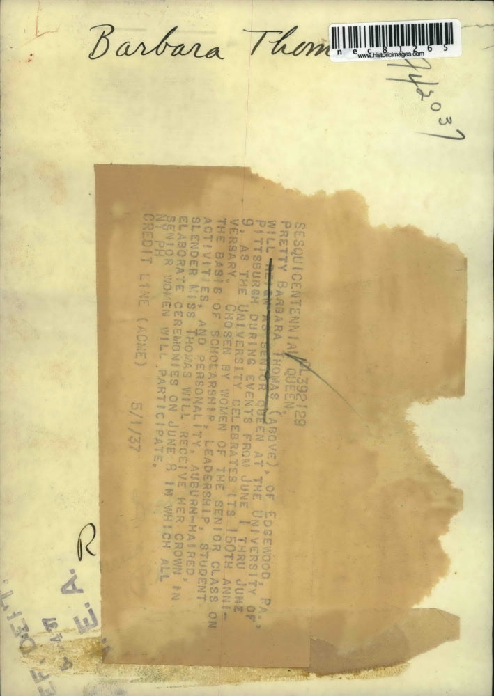 1937 Press Photo Barbara Thomas, Queen at University of Pittsburgh, 150th