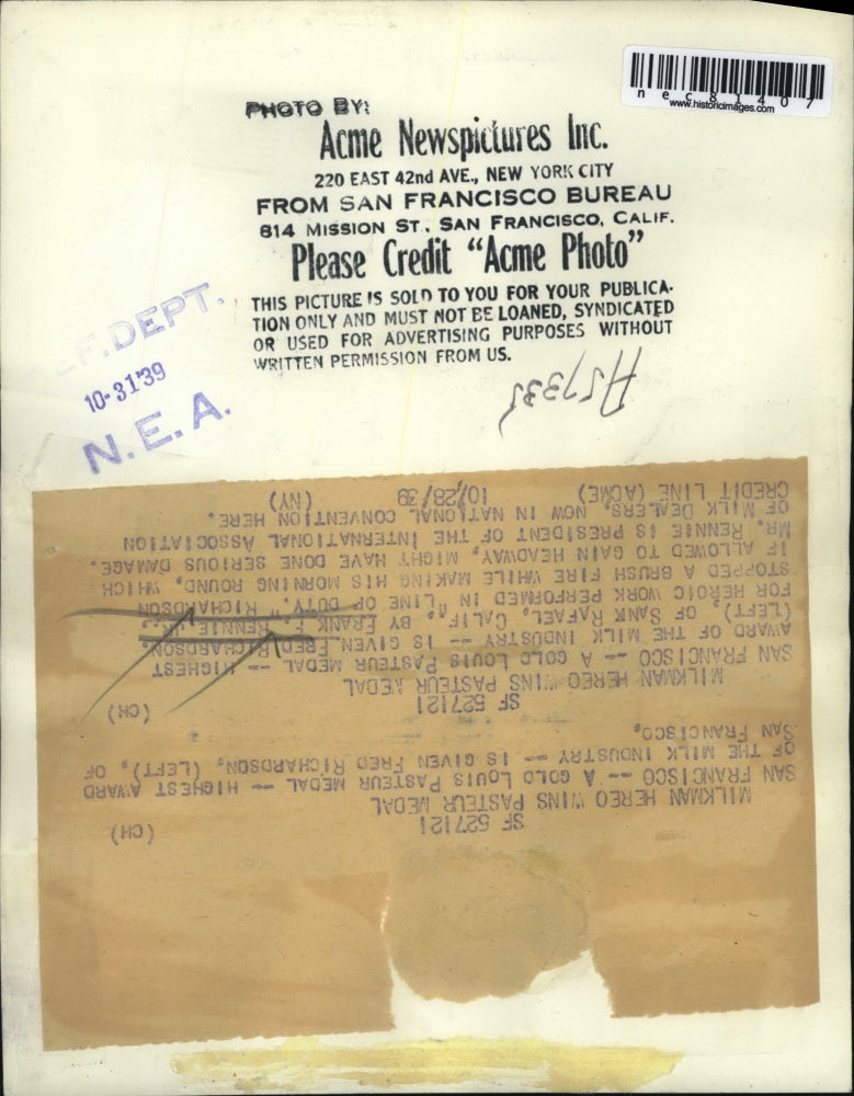 1939 Press Photo San Francisco Fred Richardson Louis Pasteur medal by FF Rennie