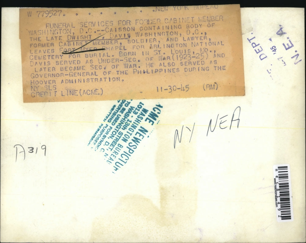 1945 Press Photo DC Caisson in funeral of Dwight F Davis cabinet member