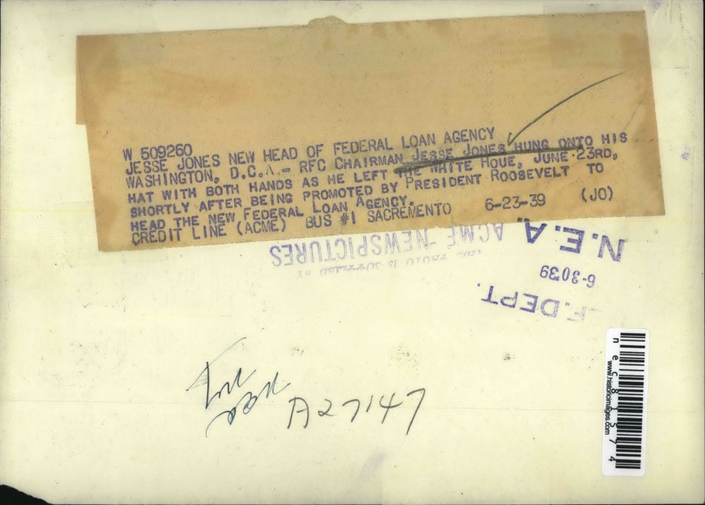 1939 Press Photo Jesse Jones New Head of Federal Loan Agency