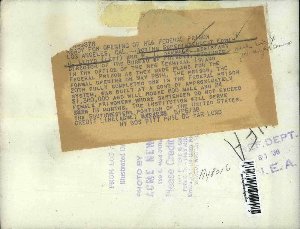 1938 Press Photo LA, Calif Edwin J Lloyd & WI Hammack of Bureau of Prisons