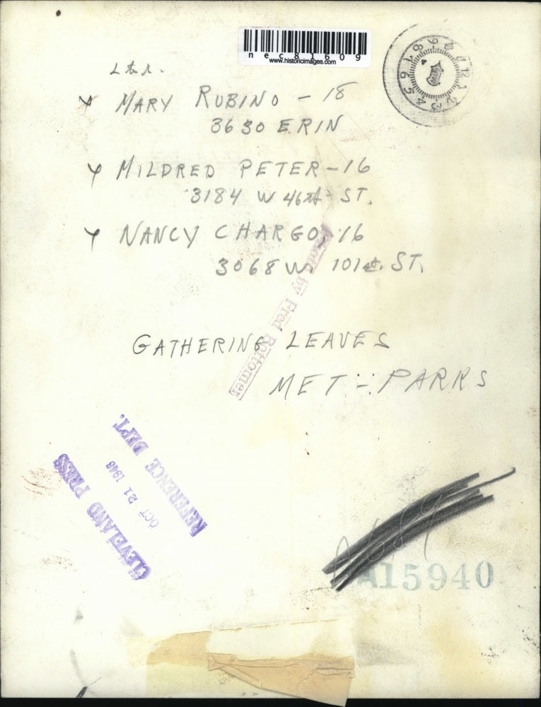 1948 Press Photo girls gathering leaves in Cleveland Parks