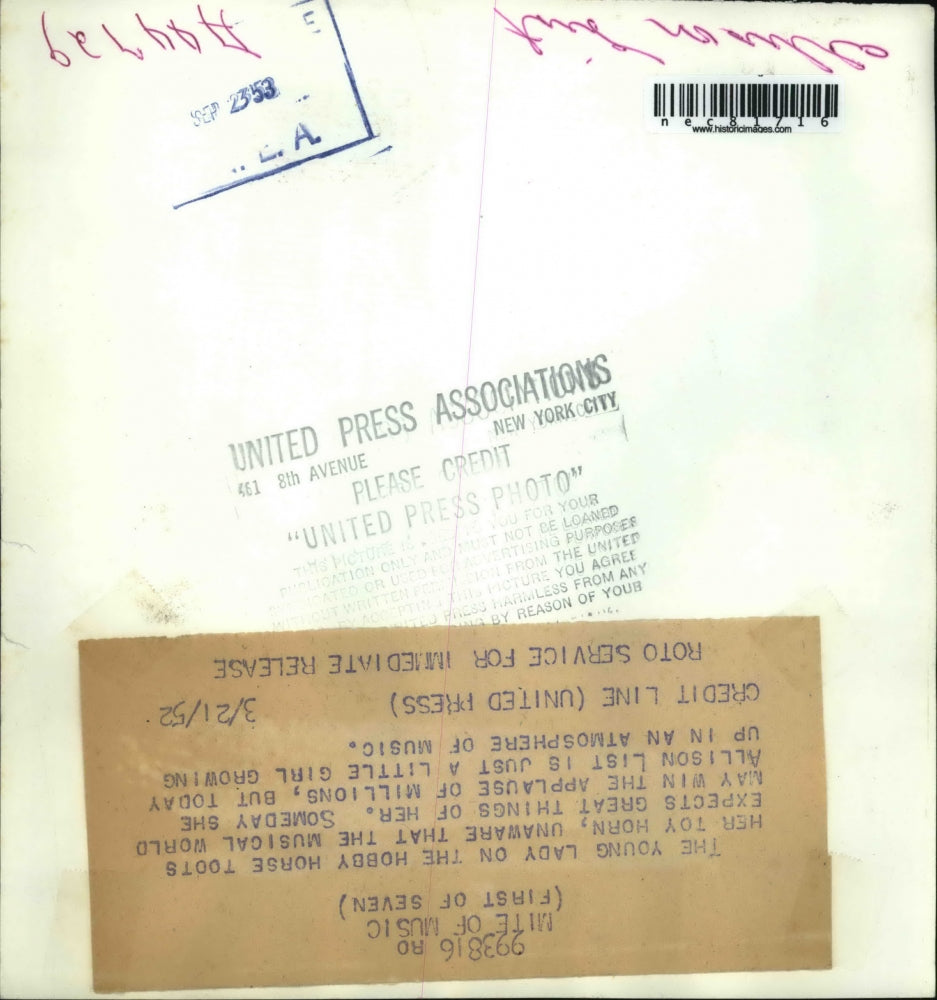 1952 Press Photo Allison List on a hobby horse with a toy horn