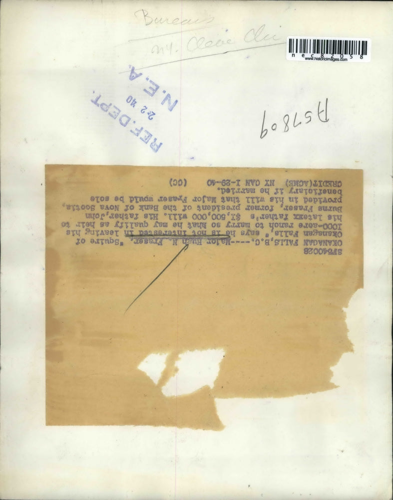 1940 Press Photo Okanagan Falls, B.C. Major Hugh N Fraser