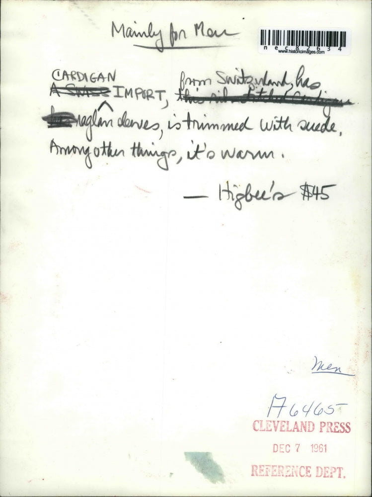 1961 Press Photo Model Wearing Cardigan from Higbee's