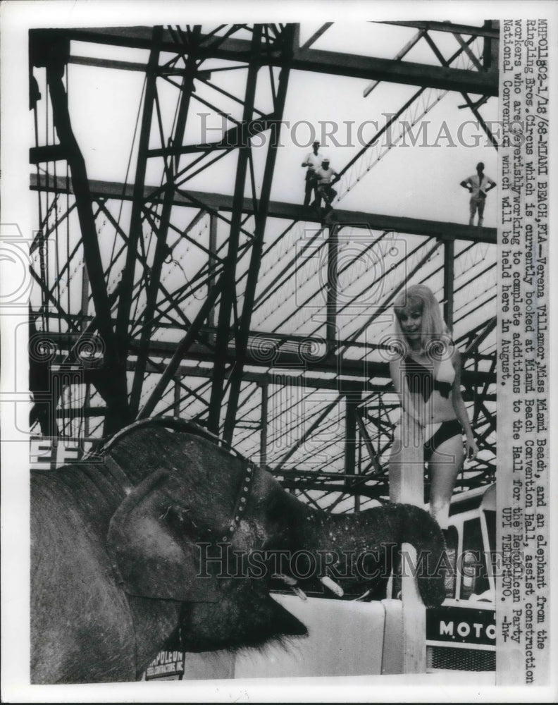 Load image into Gallery viewer, 1968 Press Photo Verena Villamor, Miss Miami Beach, with circus elephant
