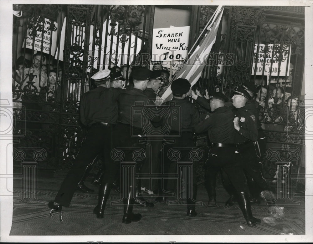 1938 Press Photo Eight Policemen Attempt to Guard City Councel in Philadelphia