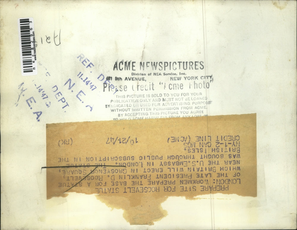 1947 Press Photo construction of the base for FDR statue in Grosvenor Square, UK