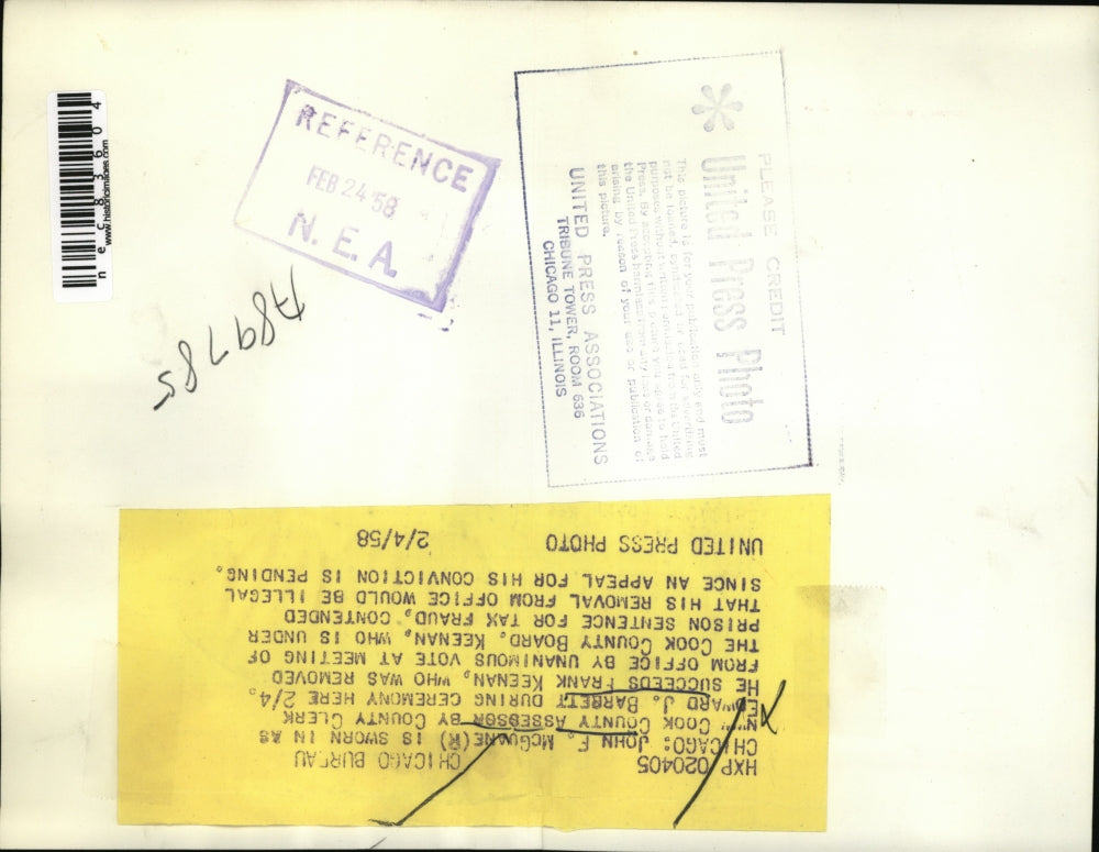 1958 Press Photo John F. McGuane Sworn in as Assessor by Edward j. Barrett