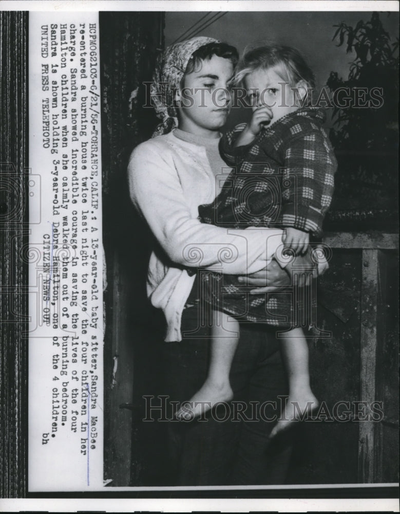 1956 Press Photo babysitter Sandra MacBee saves 4 kids from fire, Torrance, CA