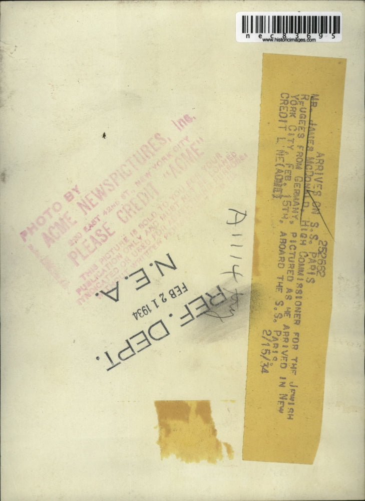 1934 Press Photo Mr. James McDonald Arrives in New York City on S.S. Paris