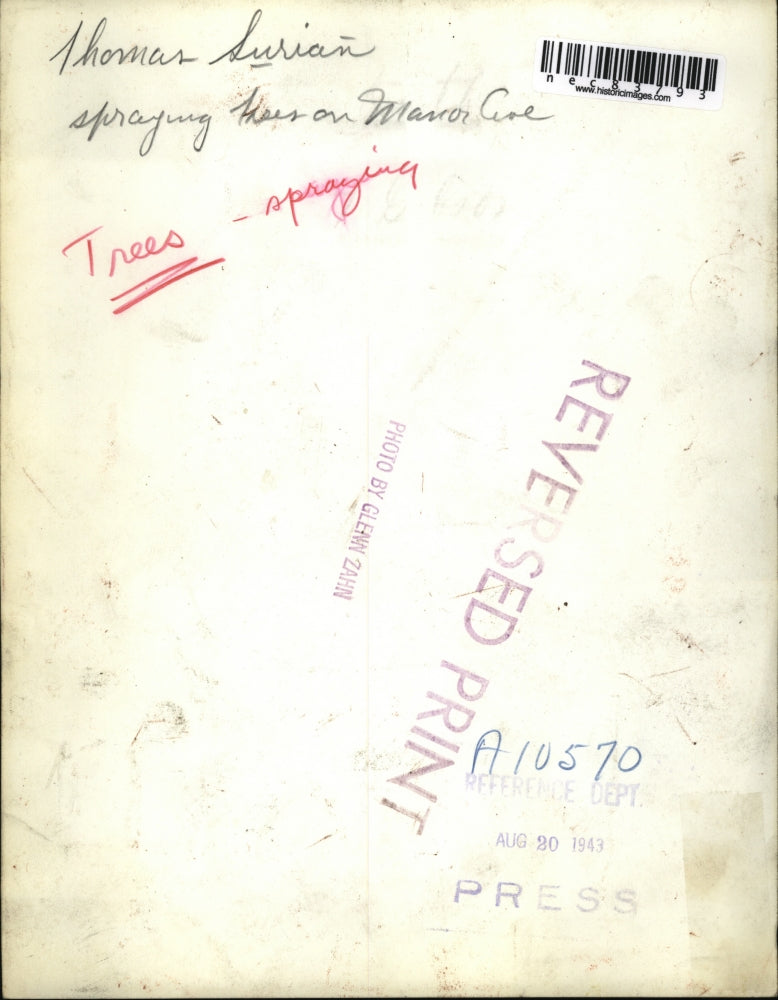 1943 Press Photo Thomas Surian spraying trees in Cleveland Ohio