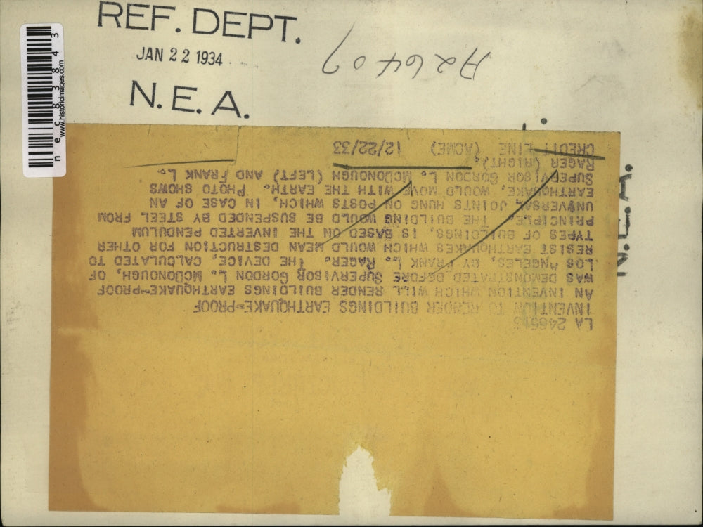 1933 Press Photo Gordon McDonough, Frank Rager invention for earthquake proofing