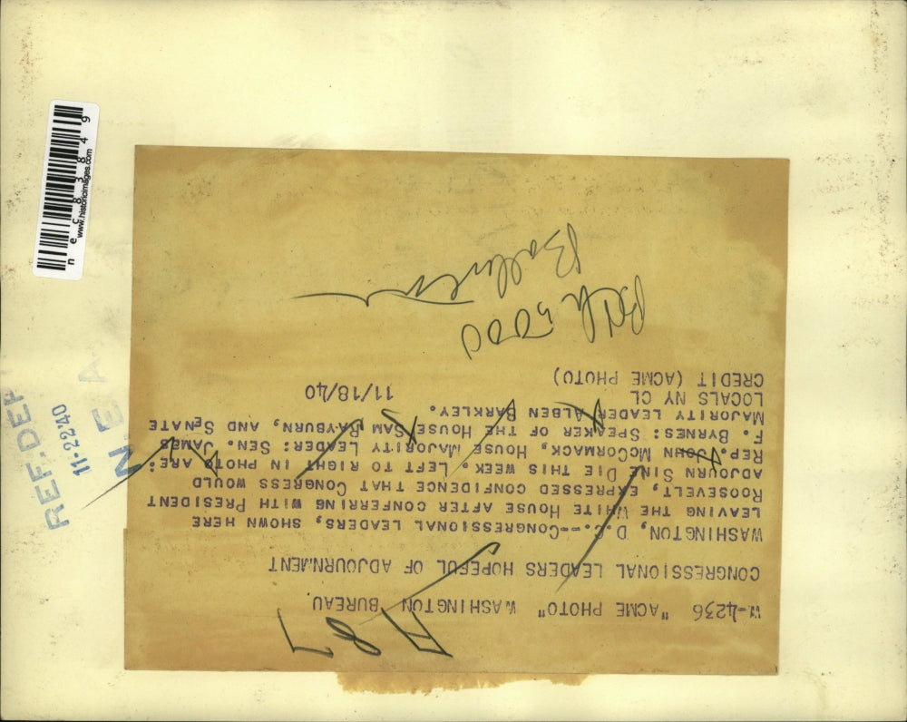 1940 Press Photo DC Rep John McCormack, House Majority leader Sen JF Byrnes