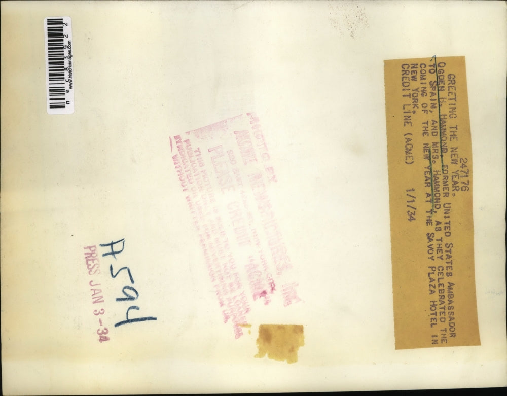 1934 Press Photo Ogden Hammond & wife at New Year's party in Savoy Plaza Hotel