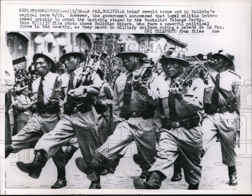 1959 Press Photo Bolivian miners in military uniform at parade in La Paz- Historic Images