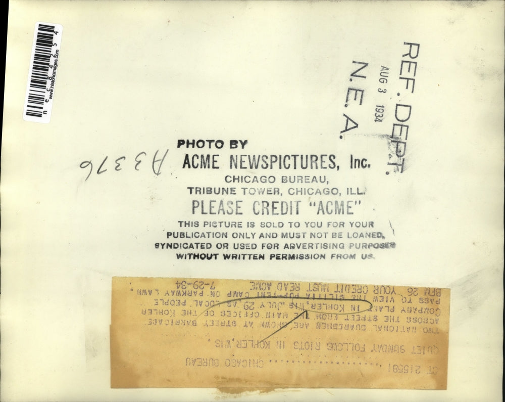 1934 Press Photo National Guardsmen Barricade Kohler July 29th Military Camp