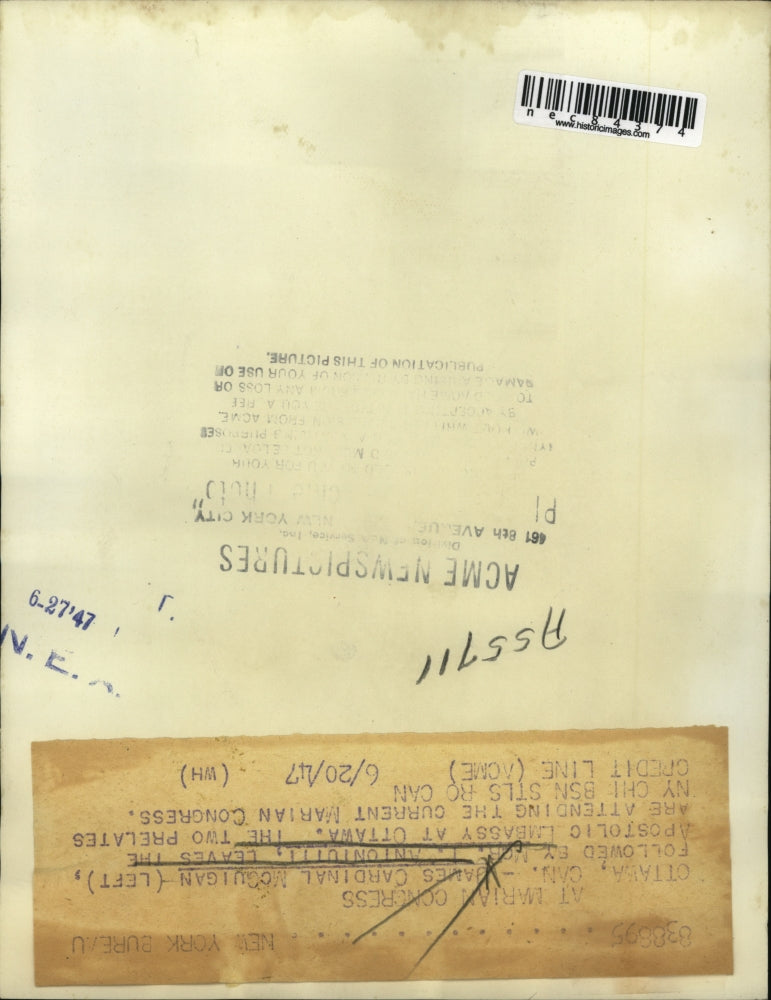 1947 Press Photo James Cardinal McGuigan & Mgr. Antontuiti at Apostolic Embassy