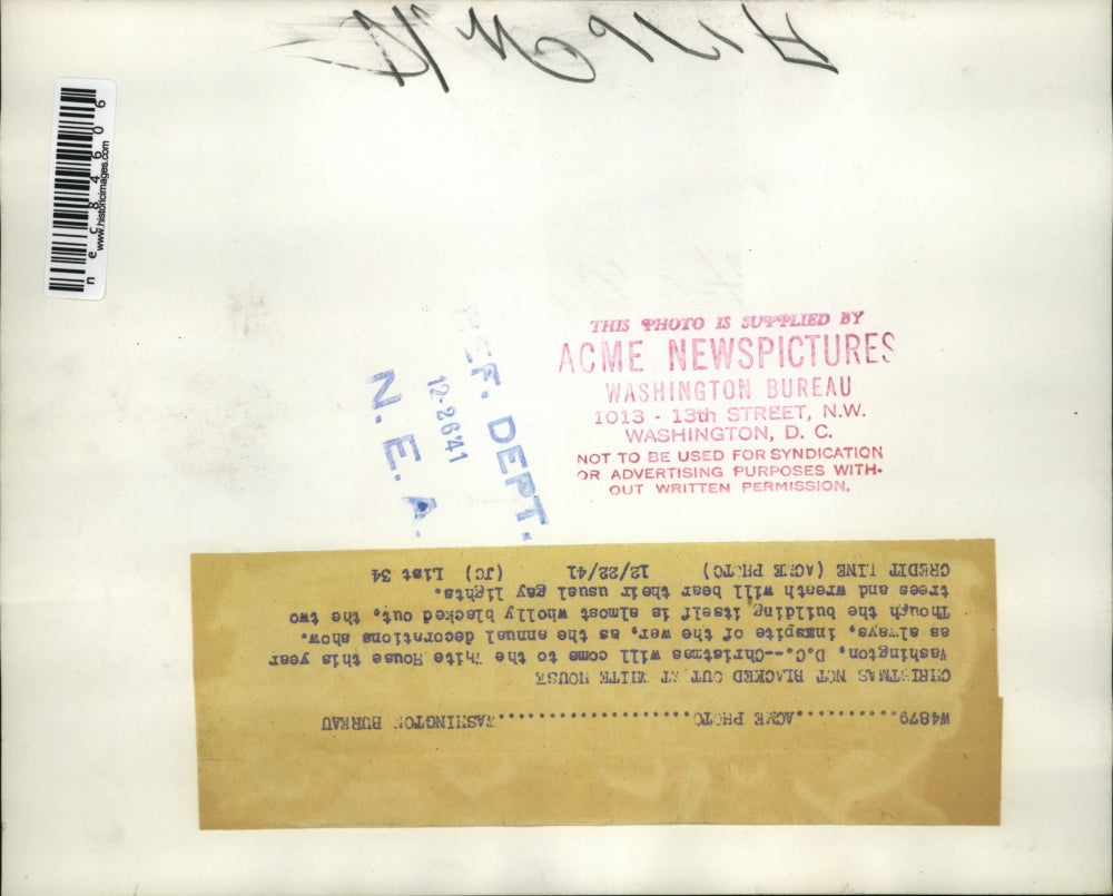 1941 Press Photo Wash DC Christmas decorations at the White House