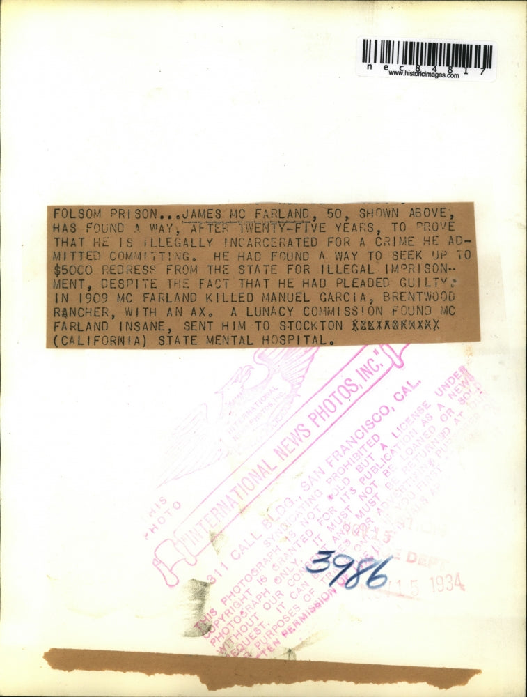 1934 Press Photo Folsom Prison James McFarland murderer