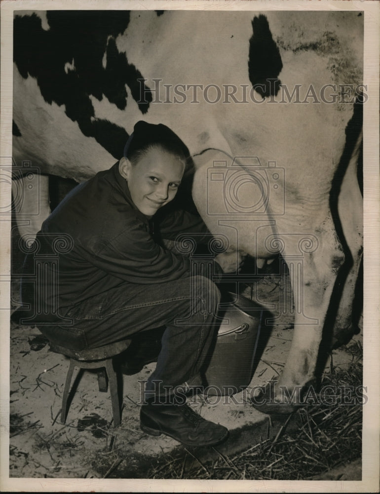 1950 Press Photo Norman Kuehn of John Marshall Junior HIgh School milking a cow