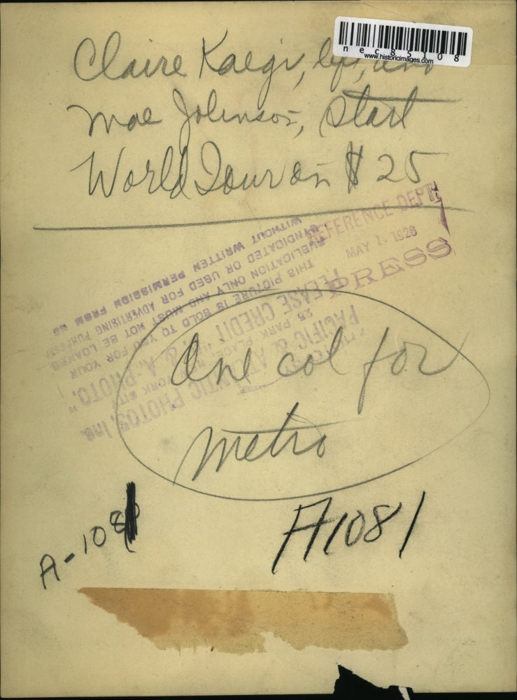 1928 Press Photo Claire Kaegi & Moe Johnson World Tour