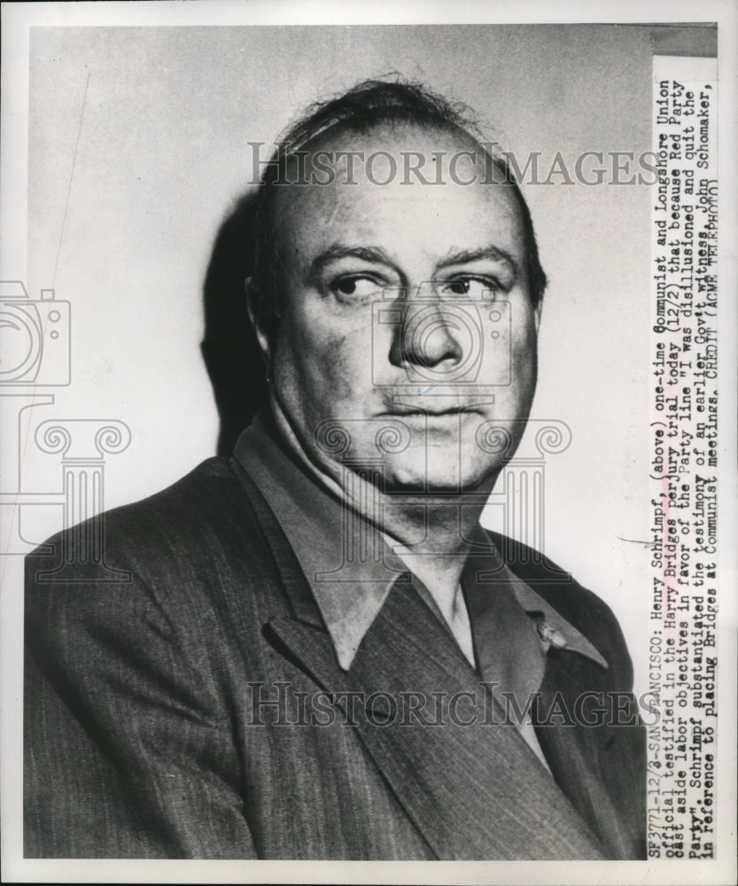 1950 Press Photo San Francisco Henry Schrimpf at his perjury trial- Historic Images