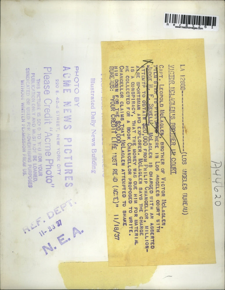 1937 Press Photo Capt Leopold McLanglen & Judge HF Sewell in La Calif court