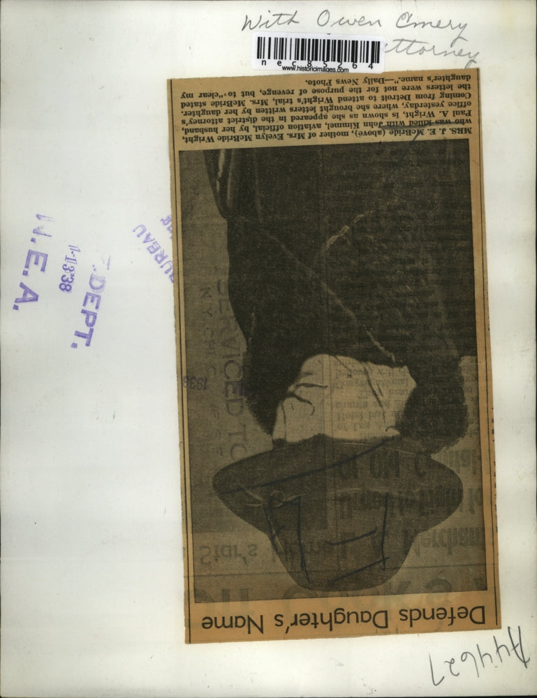 1938 Press Photo Mrs JE McBride at DAs officemom of E M Wright