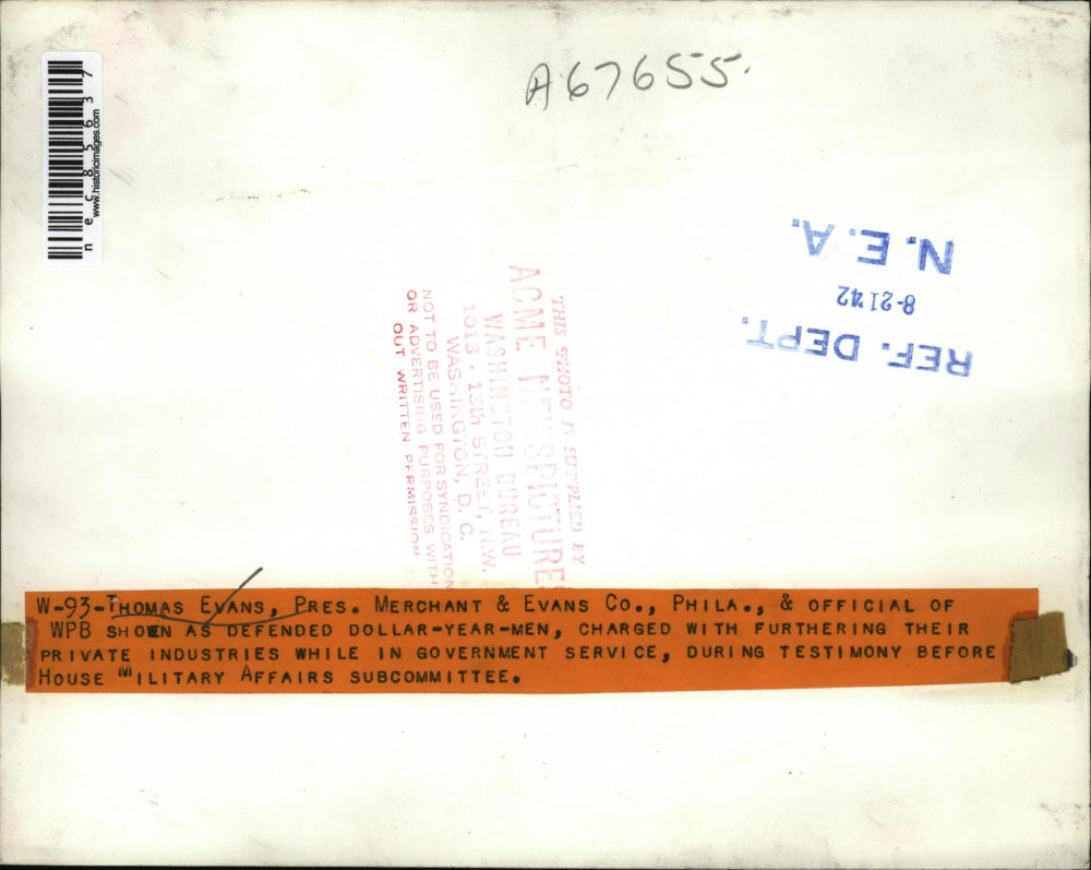 1942 Press Photo Thomas Evans Pres of Merchant & Evans of Philadelphia