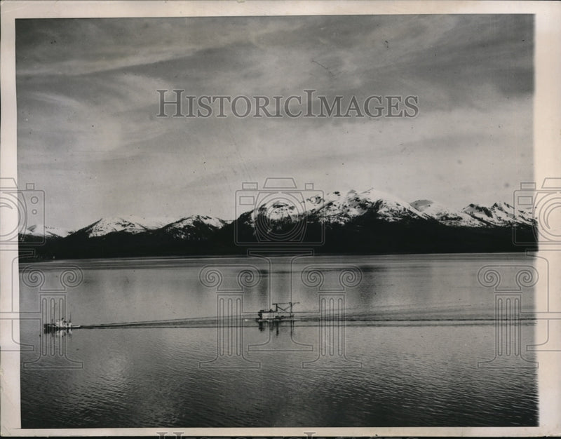 Load image into Gallery viewer, 1949 Press Photo Fishing boat being towed by another boat in Anchorage Alaska
