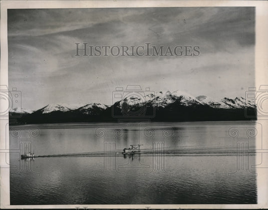 1949 Press Photo Fishing boat being towed by another boat in Anchorage Alaska