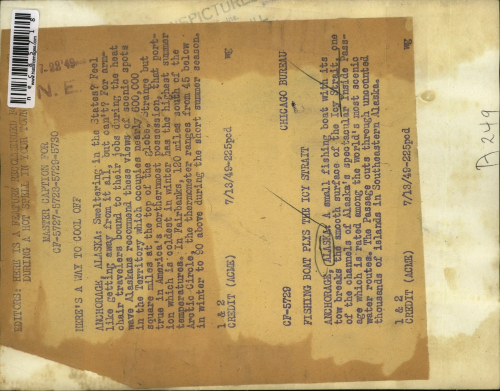 1949 Press Photo Fishing boat being towed by another boat in Anchorage Alaska