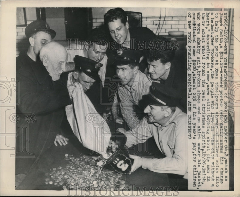 Load image into Gallery viewer, 1948 Press Photo Porter James Smith pouring change into a fire helmet
