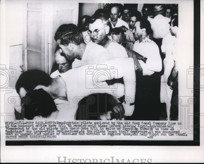 Load image into Gallery viewer, 1956 Press Photo Port Said Egypt pilots get visas after resignation
